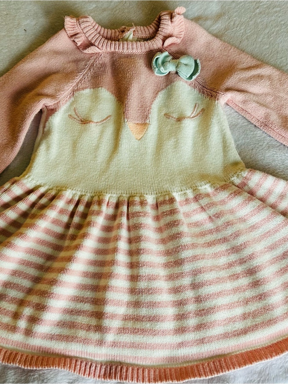 Pink & Cream Striped Owl Knit Dress for Kids